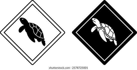 Turtle Road Signs. Black and White Vector Icons. Reptile. Road Sign Warning About Marine Animals. Zoo Sticker