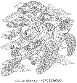 Uma tartaruga com pedras e árvores em sua concha.Colorir livro antistress para crianças e adultos. Ilustração isolada no estilo background.Zen-tangle branco. Desenho da mão