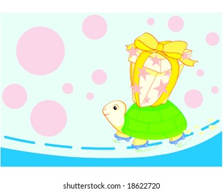 a turtle in roller blade back packing a birthday present