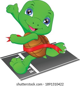 turtle running, turtle crossing the finish line, turtle fast is the winner