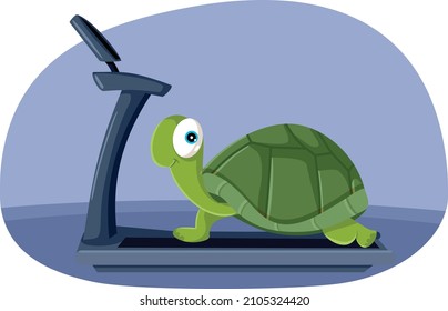 
Tortuga corriendo sobre una ilustración de caricatura del vector de Treadmill. La curiosa tortuga vieja entrando en forma para mantenerse joven  
