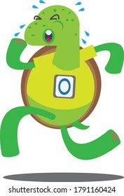 
a turtle is running but with a very tiring condition, visible from the roar of his face