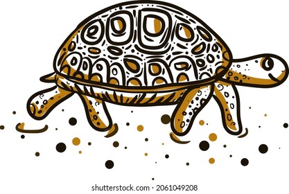 A turtle runs across the sand on a white background.