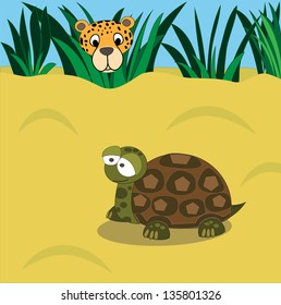 Turtle  in sand. Jaguar looks out of bushes. Vector illustration