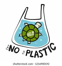 Turtle say no to plastic cartoon vector illustration doodle style