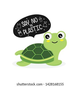 Turtle say no to plastic.  Plastic pollution in ocean environmental problem. 