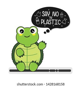 Turtle say no to plastic.  Plastic pollution in ocean environmental problem. 