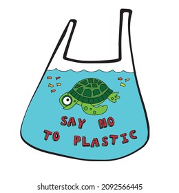 Turtle says no to plastic cartoon vector illustration doodle style