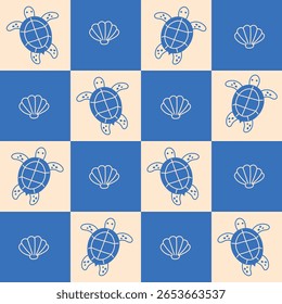 Turtle and Scallop Seamless Pattern. Blue Chessboard background with hand drawn sea life creatures. Trendy minimal checkerboard texture with ocean animals. Repeat vector illustration