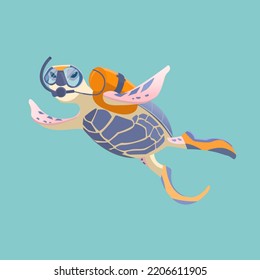Schildkrötentaucher einzeln auf blauem Hintergrund. Unterwasserlandschaft mit Meeresschildkröte. Vektorgrafik im flachen Cartoon-Stil.	