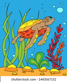 Сute turtle in the sea among sea plants and air bubbles, vector illustration in cartoon style