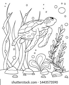 Сute turtle in the sea among sea plants and air bubbles, black and white vector illustration in a cartoon style for a coloring book