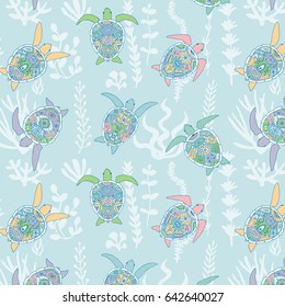  turtle sea animals with water plants vector pattern 