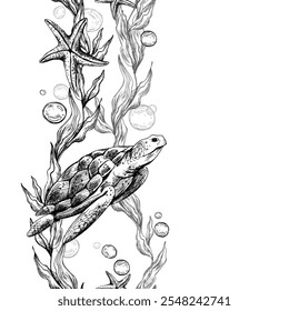 Turtle, sea blue algae with leaves wriggling in wave with bubbles and coral starfish. Graphic illustration hand drawn in black ink underwater world. Seamless vertical border pattern for long projects