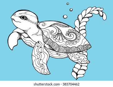 Turtle. Sea turtle. The inhabitants of the sea. Animal. Zoo. Herbivores. Line art. Tattoo. Black and white. Dudling. Zentangl. Stylized. Decorative. Drawing by hand. Isolated. Background.