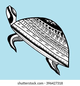 Turtle. Sea turtle. The inhabitants of the sea. Animal. Zoo. Herbivores. Line art. Tattoo. Black and white. Dudling. Zentangl. Stylized. Decorative. Drawing by hand. Isolated. Background.