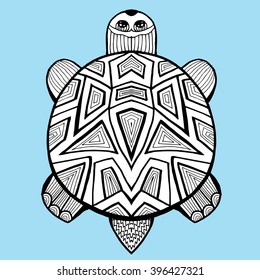 Turtle. Sea turtle. The inhabitants of the sea. Animal. Zoo. Herbivores. Line art. Tattoo. Black and white. Dudling. Zentangl. Stylized. Decorative. Drawing by hand. Isolated. Background.