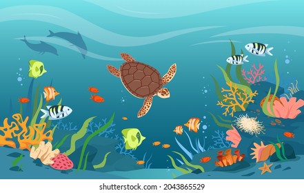 Turtle in sea or ocean waters, underwater tropical wildlife vector illustration. Cartoon aquatic animals and fishes swimming, cute coral reef and starfish of bottom undersea, marine life background