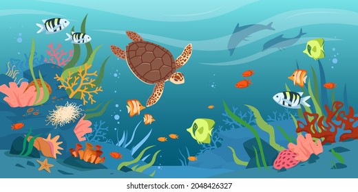 Turtle in sea or ocean waters, underwater tropical wildlife vector illustration. Cartoon aquatic animals and fishes swimming, cute coral reef and starfish of bottom undersea, marine life background