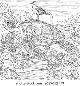 A turtle in the sea and a seagull on it.Coloring book antistress for children and adults. Illustration isolated on white background. Hand draw