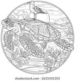 A turtle in the sea and a seagull on it in a round frame .Coloring book antistress for children and adults. Illustration isolated on white background. Hand draw