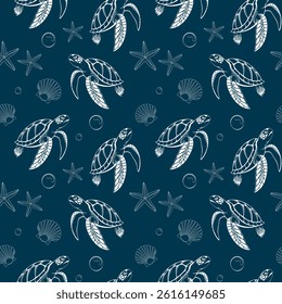 Turtle in the sea seamless pattern. Abstract white turtle and shells design on blue background. Vector creative illustration. Sea ​​pattern.