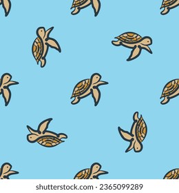 Turtle at sea. Seamless print with turtle. Illustration for fabric, clother. - Vector.
