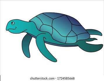 Schildkröte. Die Meeresschildkröte schwimmt - Vektor vollfarbiges Bild in Cartoon-Stil und grün-blau Farben. Vector Cartoon Bug für Illustrationen zum Thema der Unterwasserwelt der Ozeane.