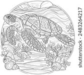 Turtle in the sea.Coloring book antistress for children and adults. Illustration isolated on white background. Hand draw