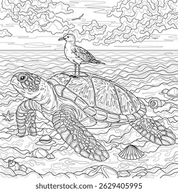 A turtle and a seagull on it.Coloring book antistress for children and adults. Illustration isolated on white background. Hand draw