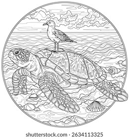 A turtle and a seagull on it in a round frame .Coloring book antistress for children and adults. Illustration isolated on white background. Hand draw