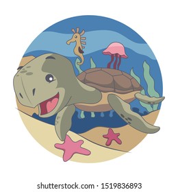 Turtle, Seahorses, jellyfish, starfish Swimming in the Sea. Vector illustration