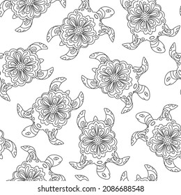 Turtle seamless pattern for coloring book. Black and white vector illustration.