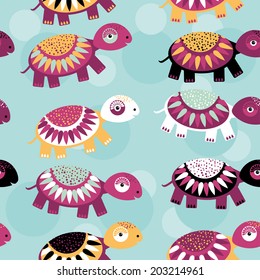 turtle Seamless pattern with funny cute animal on a blue background. Vector