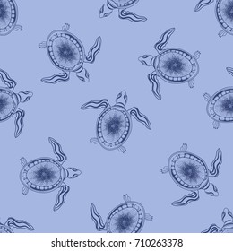 Turtle seamless pattern. Marine reptile swimming over blue background. Animal icon wallpaper