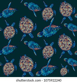 Turtle seamless pattern on dark background. Vector illustration.