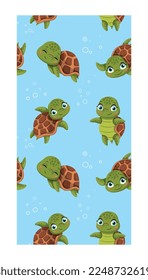 Turtle seamless pattern. Repeating design element for printing on fabric. Underwater life, sea and ocean, marine. Fauna and wild life, mammals. Poster or banner. Cartoon flat vector illustration