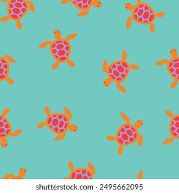 Turtle seamless pattern turquoise and orange. Cartoon style icons ocean tortoise animal vector geometric animals repeat pattern background for fabric and clothes design.