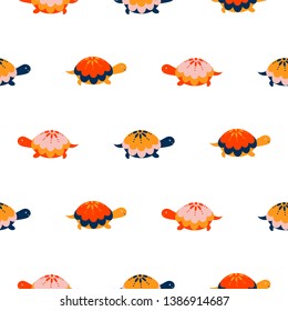 Turtle seamless vector pattern. Cartoon style red fun tortoise background. Ocean life animal cute baby print.