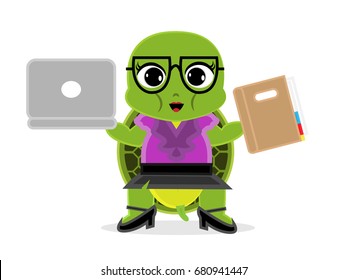  Turtle secretary cartoon holding laptop and notebook. Funny vector illustration.