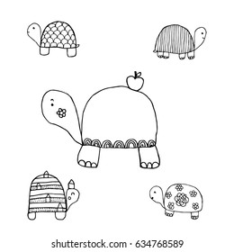 Turtle Set Design for Coloring Book for Adult, vector