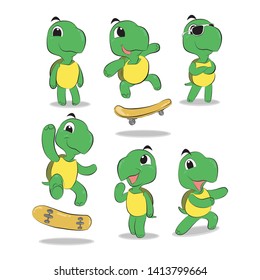 turtle several motion. wearing glasses, kickflip, welcome, smile vector illustration isolated cartoon hand drawn