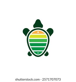 turtle with a shell featuring a gradient of colors from yellow to green and a plus and minus sign at the top and bottom of the shell, respectively