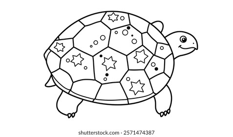 A turtle shell with a pattern of large hexagonal and pentagonal sections. Each section contains a simple design, such as a dot or a star.