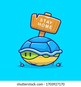 Turtle In Shell Vector Icon Illustration. Stay At Home Mascot Cartoon Character. Animal Icon Concept White Isolated. Flat Cartoon Style Suitable For Web Landing Page, Banner, Flyer, Sticker, Card