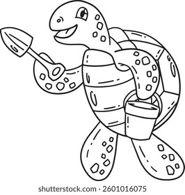Turtle with a Shovel and Bucket Isolated Coloring 