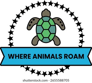 A turtle is shown on a blue ribbon with the words Where Animals Roam. The turtle is green and brown