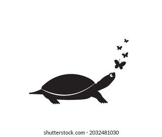 Turtle silhouette and butterflies illustration, vector. Turtle cartoon illustration isolated on white background. Childish minimalist art design. Wall decals, wall art, artwork.