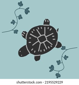 Turtle silhouette, drawing, vector turtle floating between plants. Vector illustration
