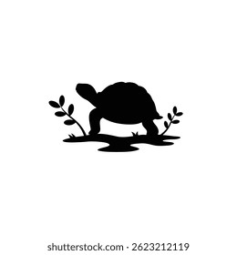 Turtle Silhouette With Leafy Branches Isolated On White Background For Design